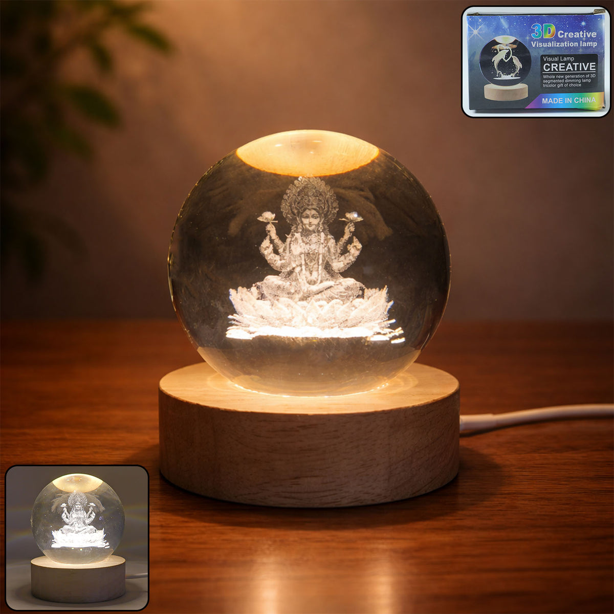 3d Crystal Lakshmi Ball Led Night Lamp With Wooden Base