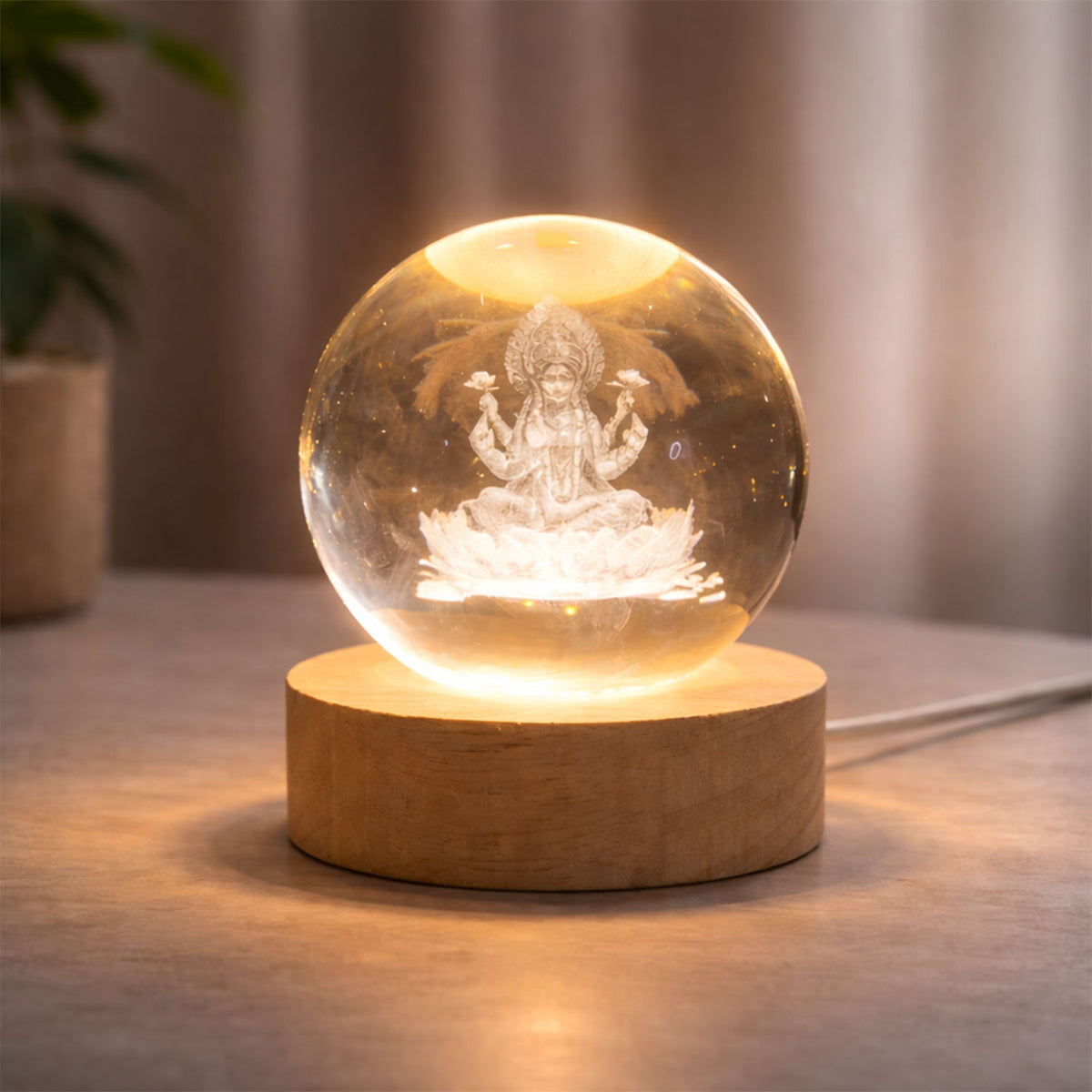 3d Crystal Lakshmi Ball Led Night Lamp With Wooden Base